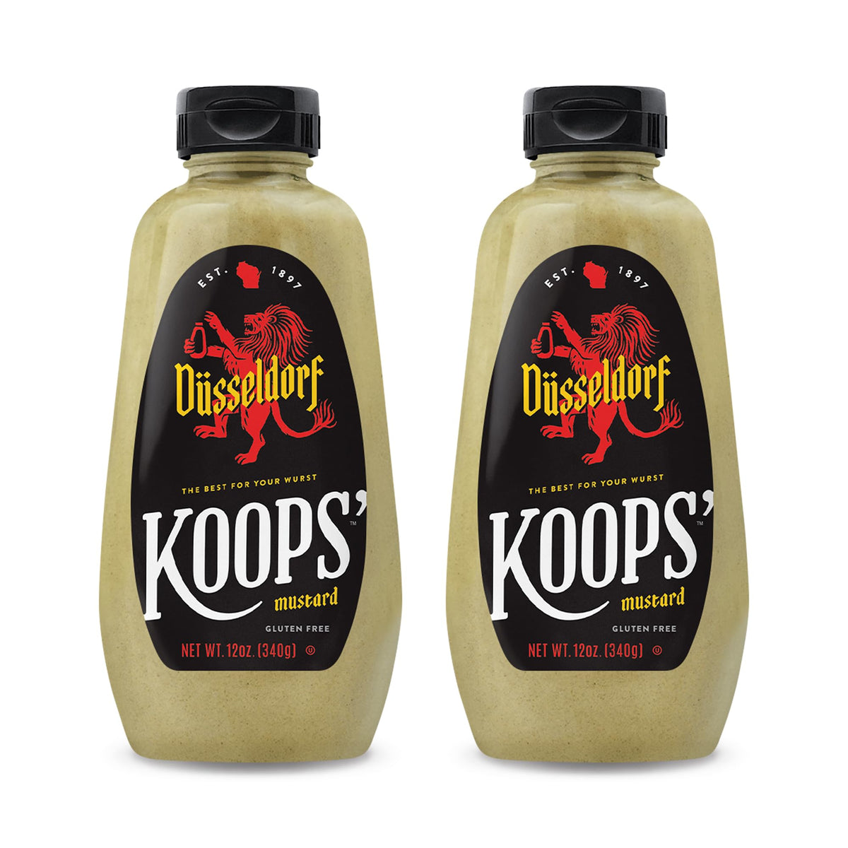 Koops' Dusseldorf Mustard bottle close-up highlights creamy Bavarian flavor for authentic taste