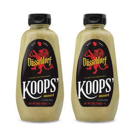 Koops' Dusseldorf Mustard bottle close-up highlights creamy Bavarian flavor for authentic taste