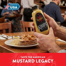 Koops' Dusseldorf Mustard bottle label emphasizes quality and US production