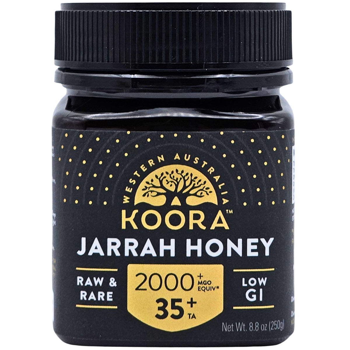 KOORA Jarrah honey bottle being poured, offering natural energy and antioxidant support.