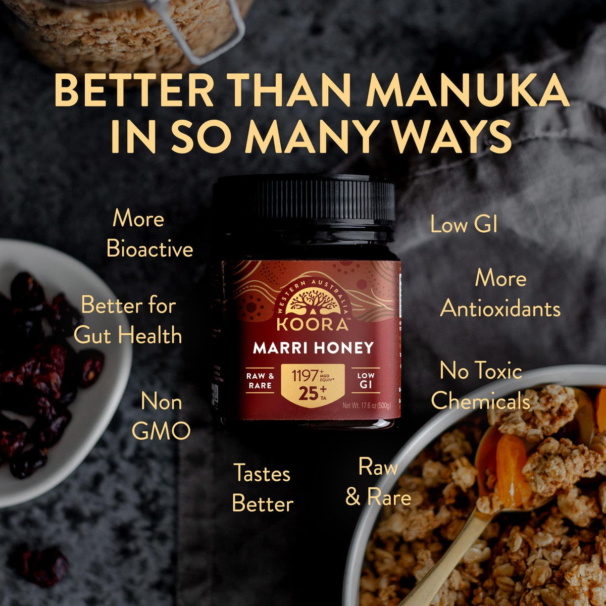 KOORA Marri Honey raw amber jar emphasizing pure, raw honey for daily use.