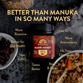 KOORA Marri Honey raw amber jar emphasizing pure, raw honey for daily use.