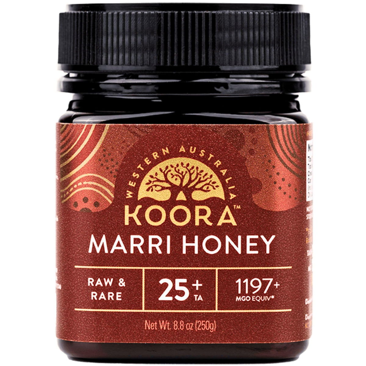 KOORA Marri Honey TA 25+ bottle close-up highlighting rich amber color and premium flavor.