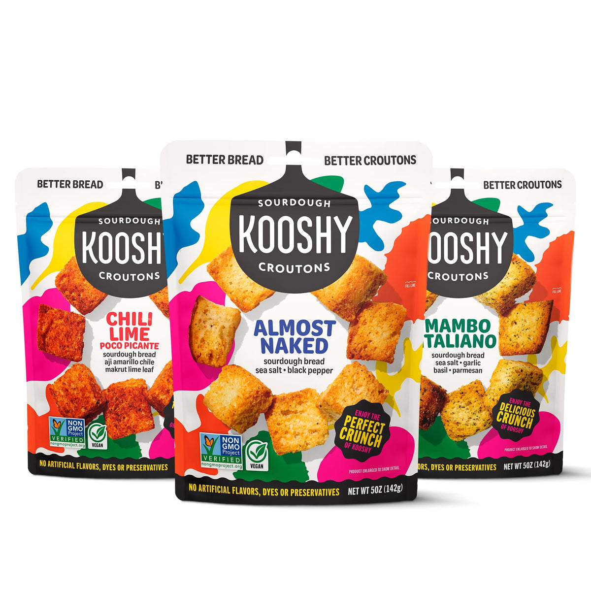 Kooshy Croutons variety-pack front bag shows a crisp, ready-to-use crunch.