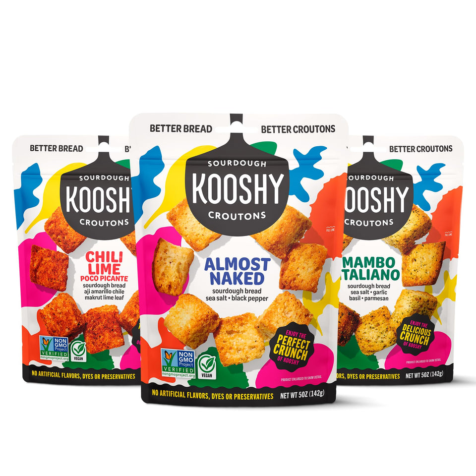 Kooshy Croutons variety-pack front bag shows a crisp, ready-to-use crunch.