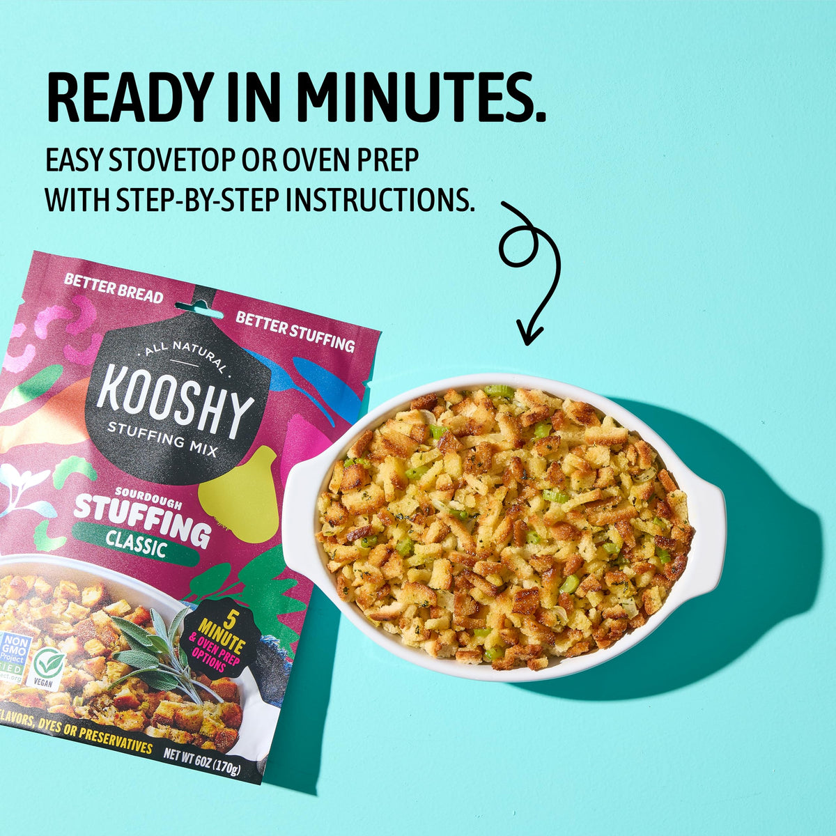 Kooshy Stuffing Mix served in a fluffy bowl.