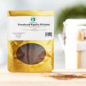 KOPABANA Kigelia Africana powder texture close-up highlighting natural fibrous consistency.