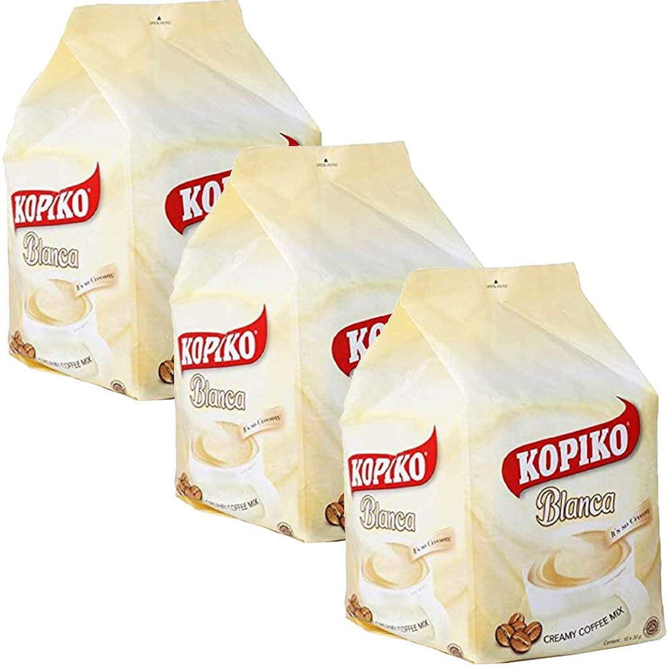 Kopiko Blanca box with 3-in-1 creamy coffee sachets for quick mornings