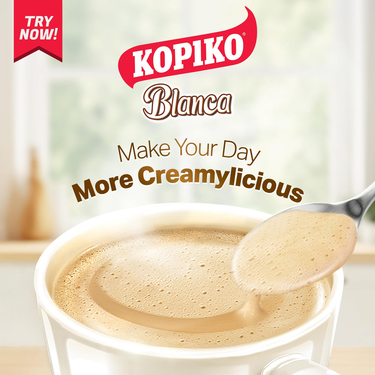 Kopiko Blanca creamy cup with rich aroma for a comforting break.