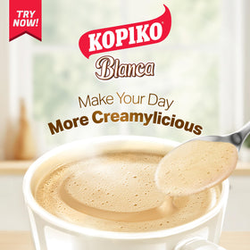 Kopiko Blanca creamy cup with rich aroma for a comforting break.