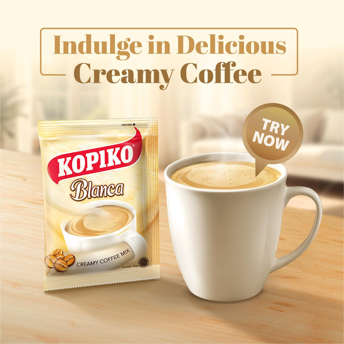 Kopiko Blanca instant coffee sticks ready to dissolve for quick indulgence.