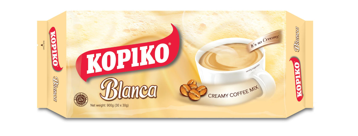 Kopiko Blanca volcanic coffee pack highlights bold flavor and creamy finish.