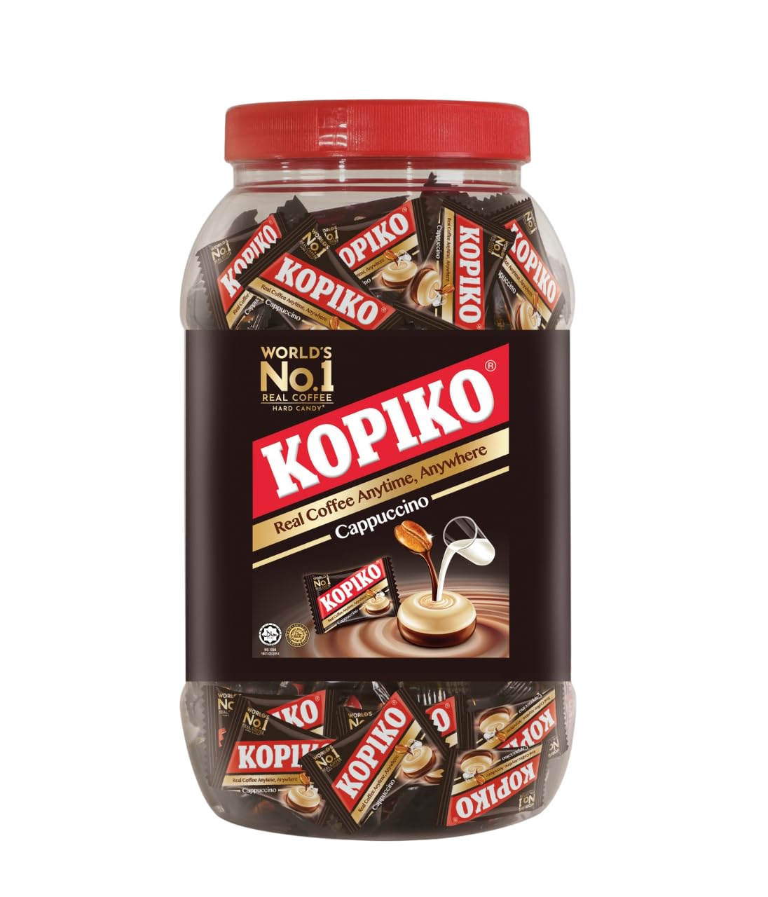 Kopiko Cappuccino Candy jar with real coffee extract for on-the-go energy.