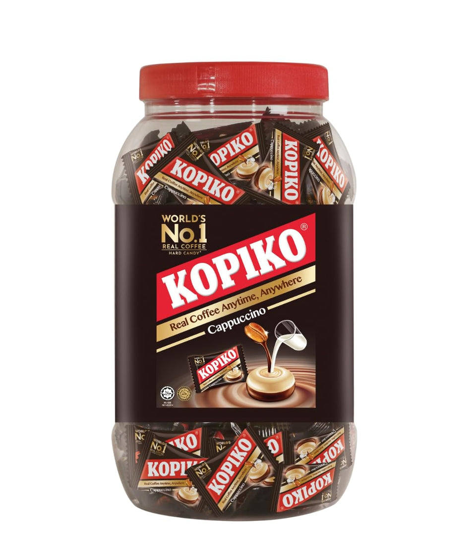 Kopiko Cappuccino Candy jar with real coffee extract for on-the-go energy.