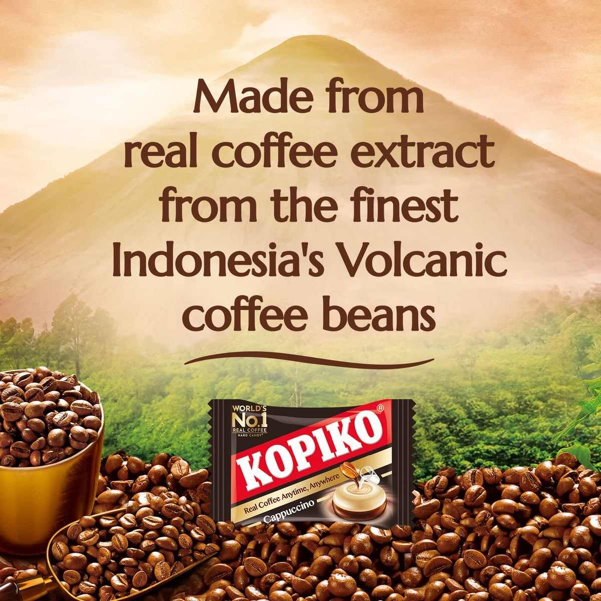 Kopiko Cappuccino Candy with real coffee extract for authentic flavor.