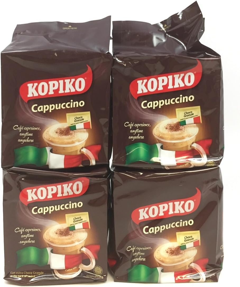 Kopiko Cappuccino with Choco Grabules pack shot, convenient four-pack for on-the-go coffee