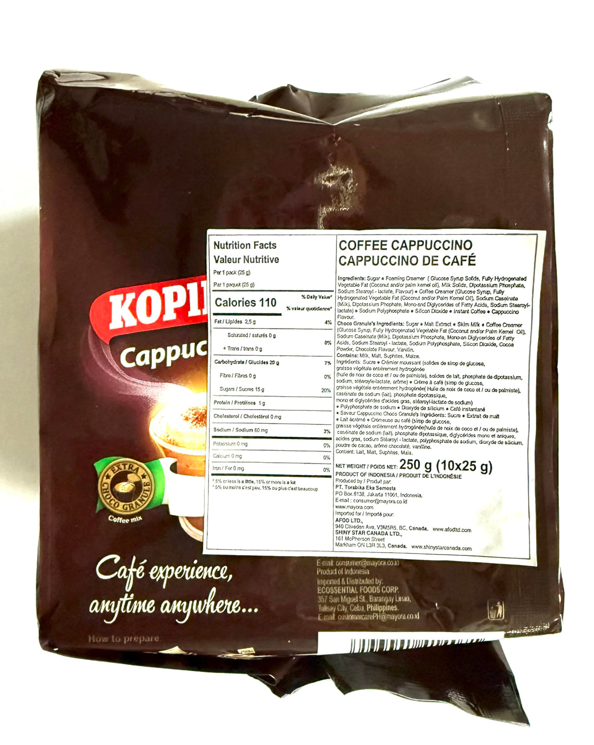 Kopiko Cappuccino with Choco Grabules sachet close-up, ready to dissolve for a creamy cup