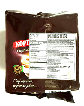 Kopiko Cappuccino with Choco Grabules sachet close-up, ready to dissolve for a creamy cup