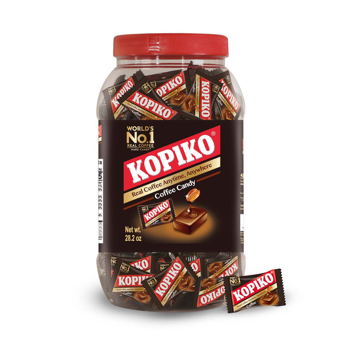 Kopiko Coffee Candy jar with real coffee extract offering quick energy on the go