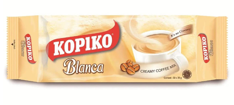Kopiko Creamy Blanca long pack 3in1 sachets for quick, creamy coffee.