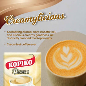 Kopiko Creamy Blanca ready coffee cup with inviting aroma.