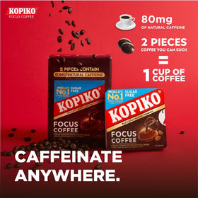 Four Kopiko Focus candies visible, offering a sugar-free caffeine lift.