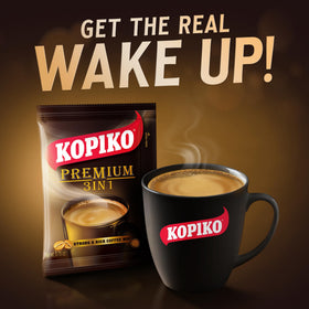 Kopiko Premium 3-in-1 coffee cup with steam highlighting bold aroma and warmth