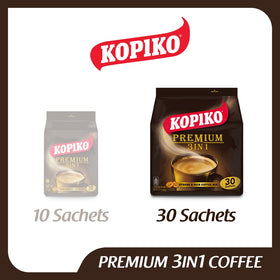 Kopiko Premium 3-in-1 coffee sachets close-up emphasizing pre-mixed creamer and sugar