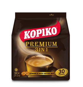 Kopiko Premium 3-in-1 coffee sachet close-up showing convenient pre-mixed formula for quick brew