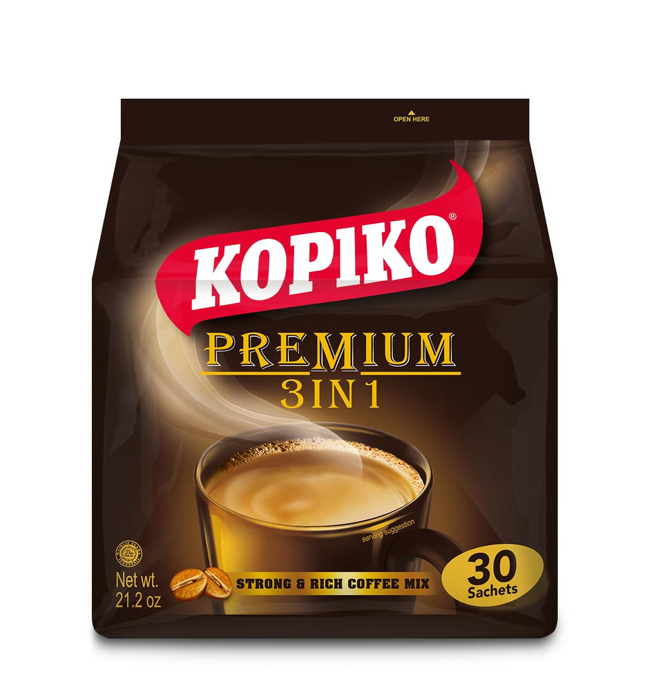 Kopiko Premium 3-in-1 coffee sachet close-up showing convenient pre-mixed formula for quick brew