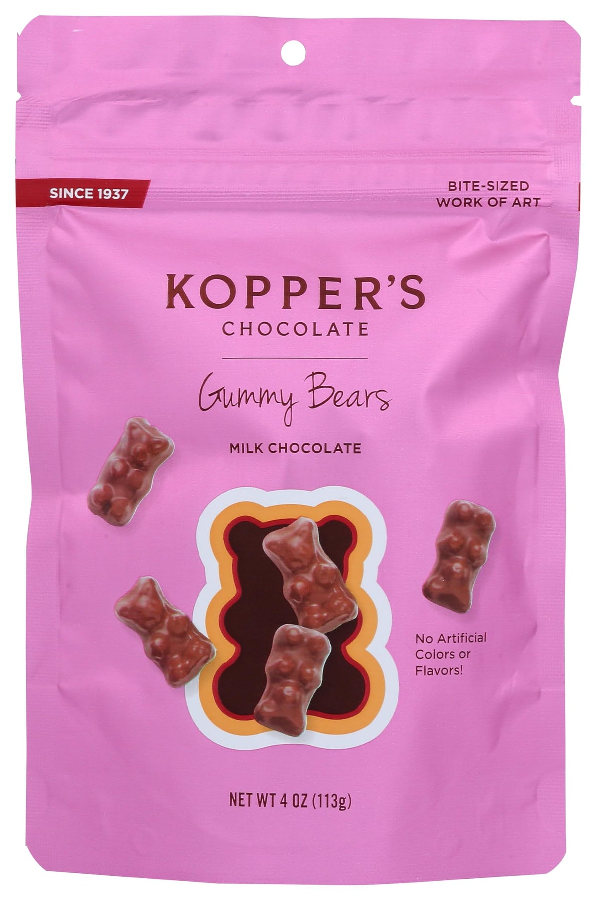 Kopper's Milk Chocolate Gummy Bears in a 4 oz pouch, no artificial colors, convenient on-the-go snack.