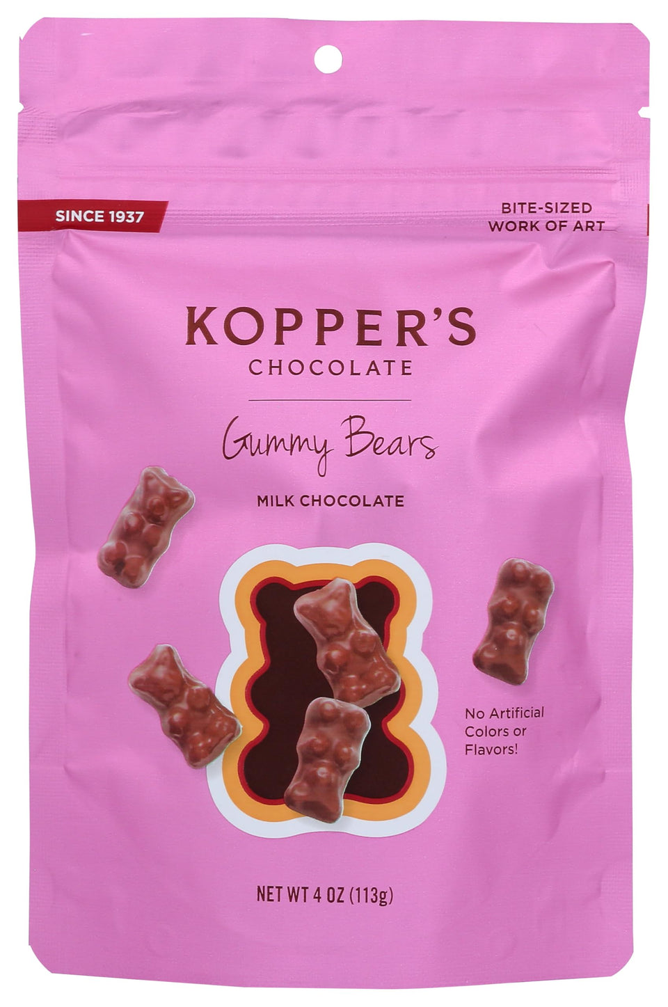 Kopper's Milk Chocolate Gummy Bears in a 4 oz pouch, no artificial colors, convenient on-the-go snack.