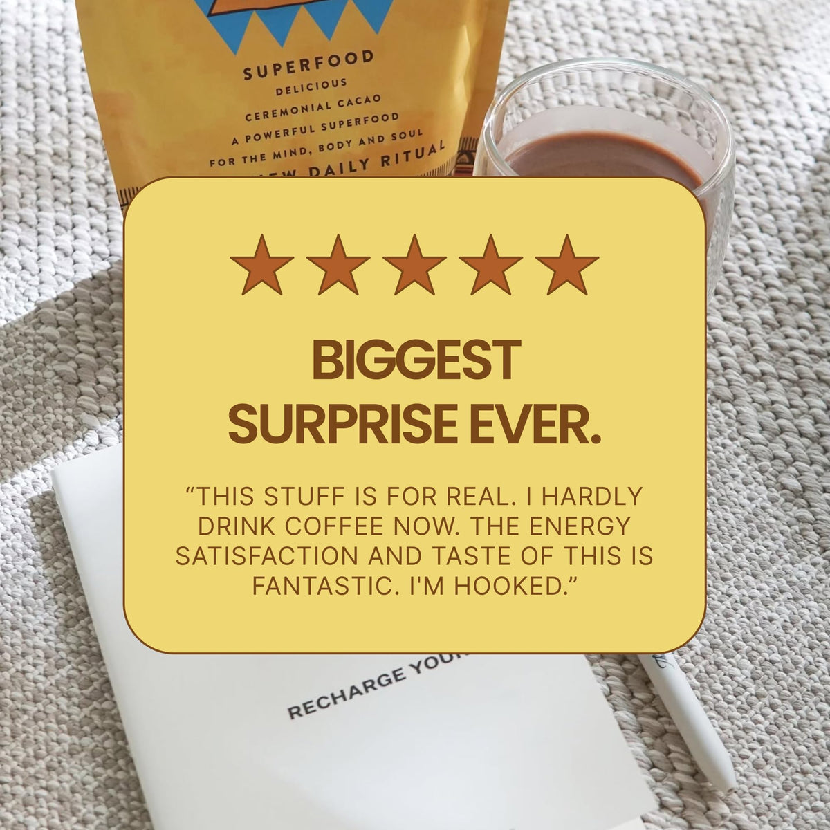 KORACAO aroma rising from cacao cup ideal for relaxing evenings.