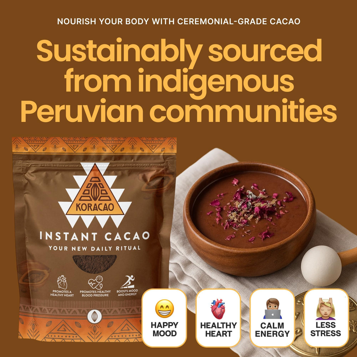 KORACAO ceremonial cacao cup steaming, perfect for a warm mood-boosting moment