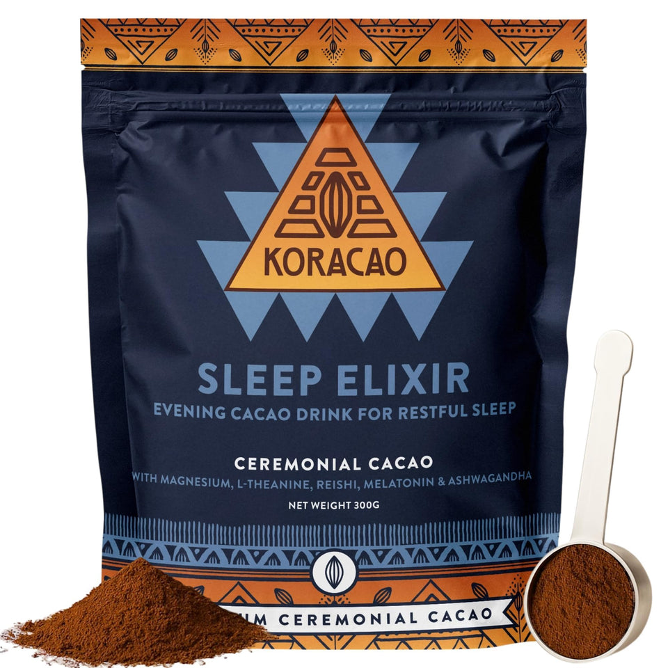 KORACAO Sleep Elixir cacao blend in a mug for a calm bedtime ritual.