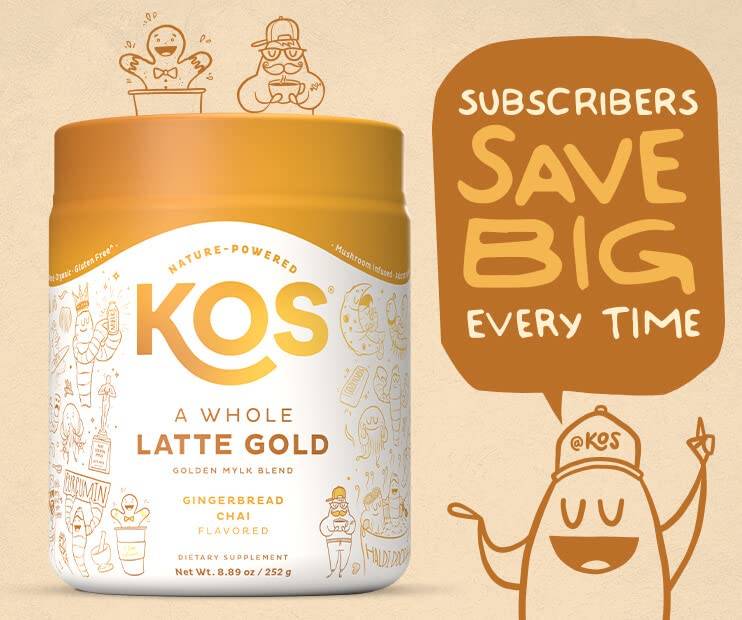 KOS Golden Mylk gingerbread chai flavor for cozy indulgence.