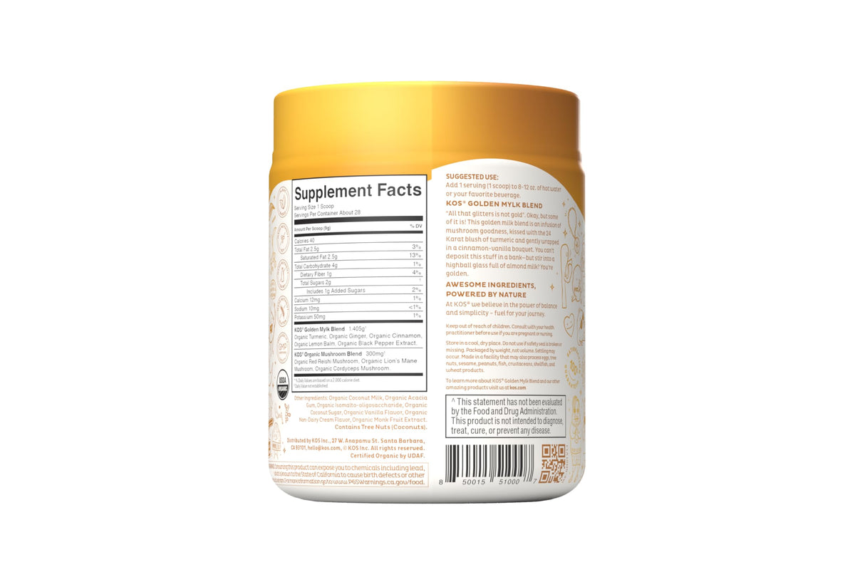 KOS Golden Mylk turmeric-ginger mix with antioxidants for daytime wellness.