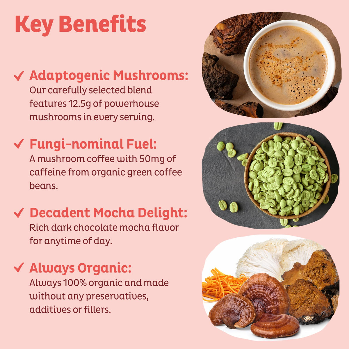 KOS Mushroom Coffee with 50 mg caffeine for a focused start.