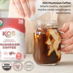 KOS Mushroom Coffee dark chocolate mocha cup ready to energize your morning.