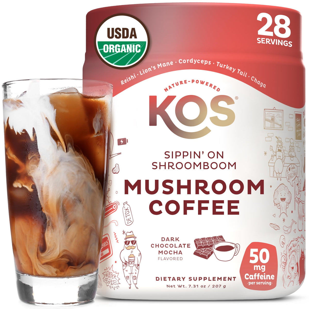 KOS Mushroom Coffee packaging highlights USDA Organic certification and premium dark chocolate mocha.