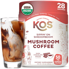 KOS Mushroom Coffee packaging highlights USDA Organic certification and premium dark chocolate mocha.