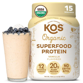 KOS Vegan Protein Vanilla bottle showcases organic, dairy-free nutrition for daily shakes.