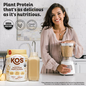 KOS Vegan Protein Vanilla scoop enables easy portioning for protein-rich meals.