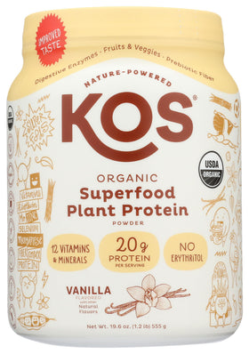 KOS Vegan Protein Vanilla shake ready in a glass with ice.