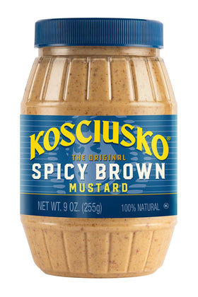 Kosciusko Zesty Spicy Brown Mustard label highlighting premium ingredients