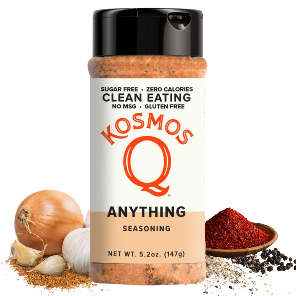 Kosmos Q Anything Seasoning bottle and shaker offer versatile, zero-calorie flavor for meals.