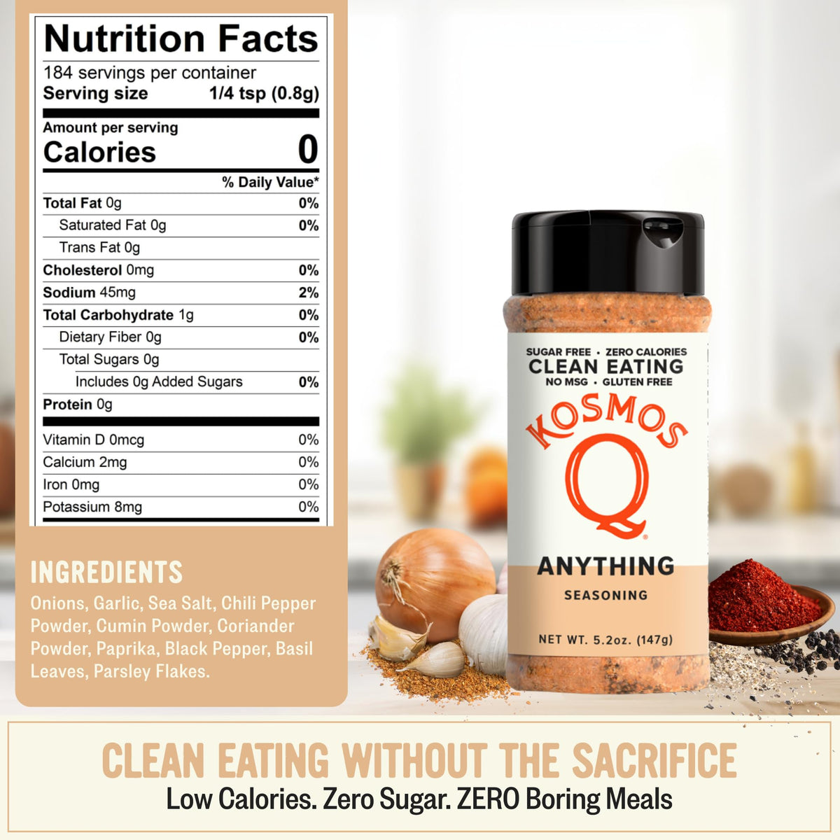 Kosmos Q Anything Seasoning garlic-onion-paprika blend ready to season meats.