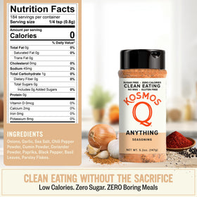 Kosmos Q Anything Seasoning garlic-onion-paprika blend ready to season meats.