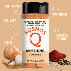 Kosmos Q Anything Seasoning ingredients closeup highlighting garlic and paprika for depth.