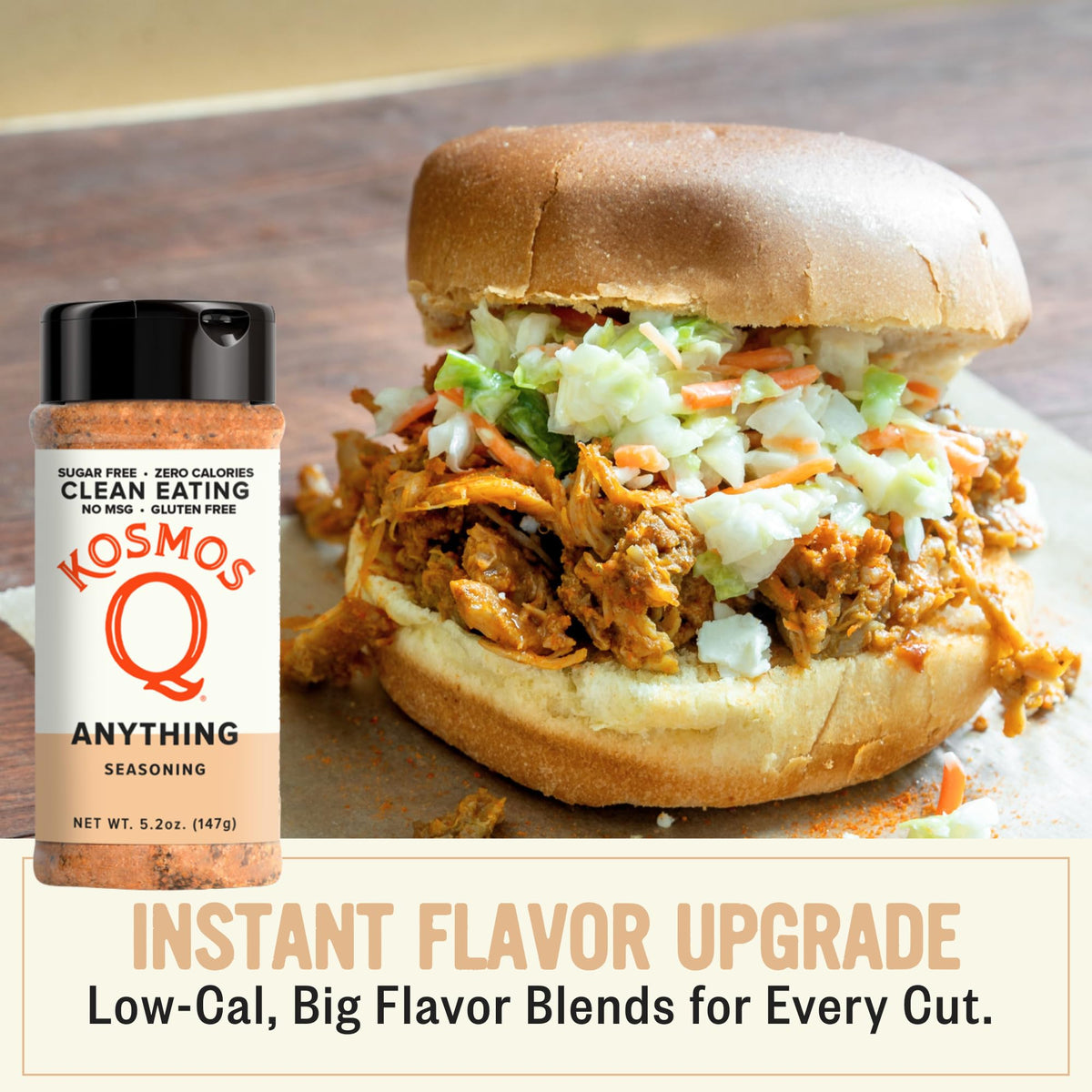Kosmos Q Anything Seasoning shaker-top in action for quick, even coating.